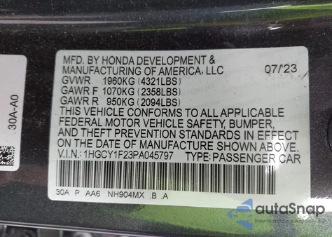 2023 Honda Accord Lx z USA, uszkodzony, nr VIN 1HGCY1F23PA045797